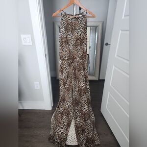 Emma & Michele Womens Animal Print Tie Waist Long Jumpsuit Size L